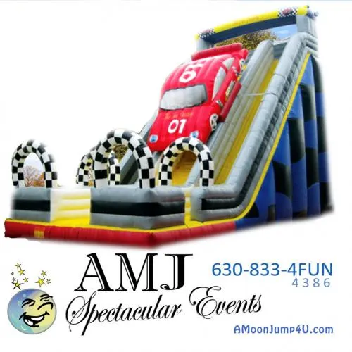 Victory Lap 20' double lane NASCAR-themed racing slide available for rent in Chicagoland