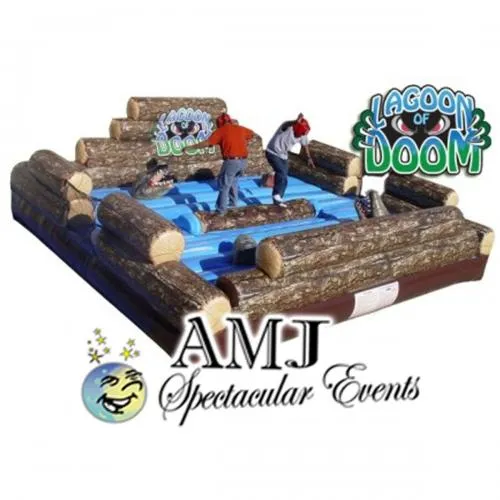 Lagoon of Doom Log Roller inflatable game with spinning foam log over a gator and piranha lagoon