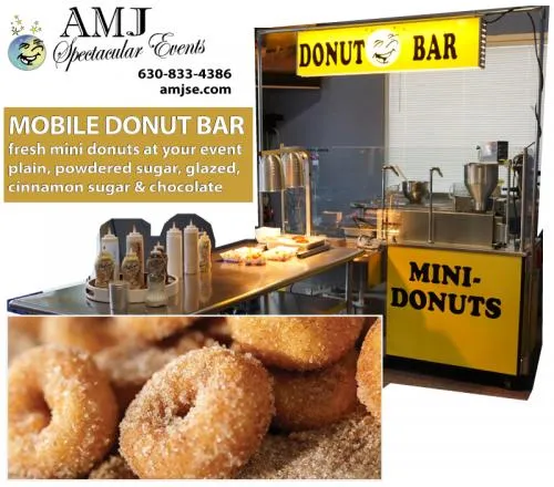 Lil Orbits Donut Bar mobile concession making fresh hot mini donuts with cinnamon and powdered sugar toppings