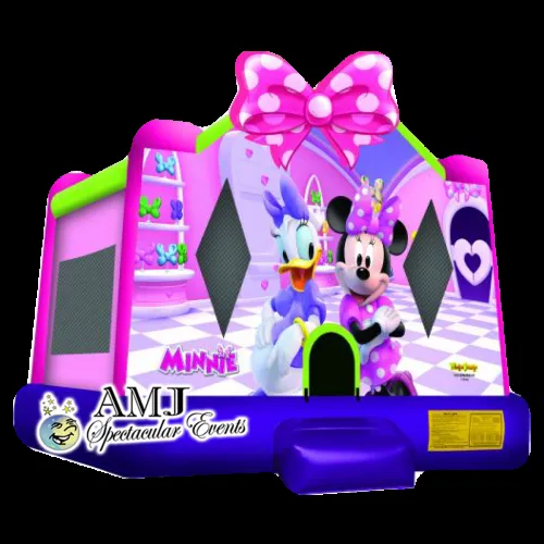 Minnie & Daisy's Palace pink bounce house with a giant bow for kids' parties in Chicago