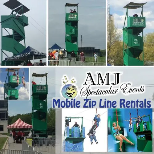 Mobile zipline rental with rider soaring on a portable zipline at a Chicago event