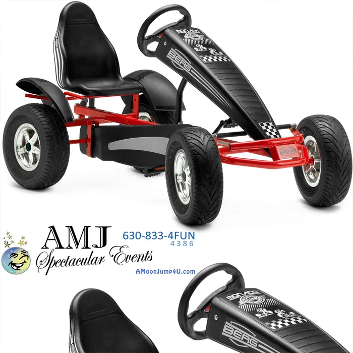 Colorful pedal karts lined up for car racing fun at a Chicago event, available to rent from AMJ Spectacular Events