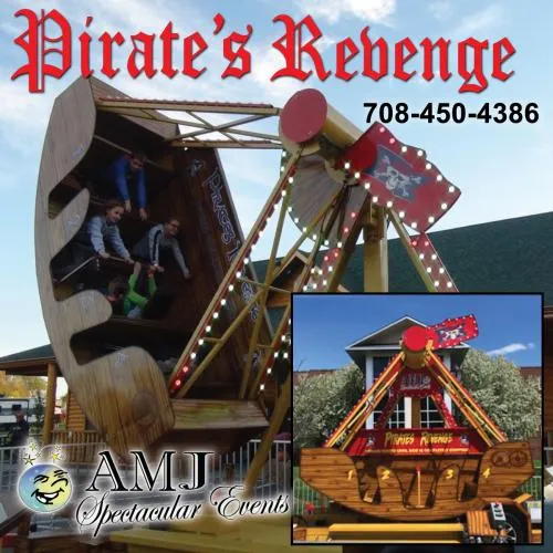 Pirate Ship Revenge light up carnival ride swinging with colorful LED lights at a Chicago event