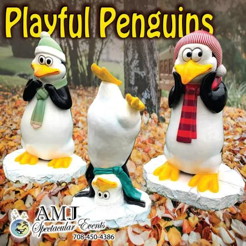 Playful Penguins holiday event décor, approximately 5 feet tall, for rent in Chicago from AMJ Spectacular Events