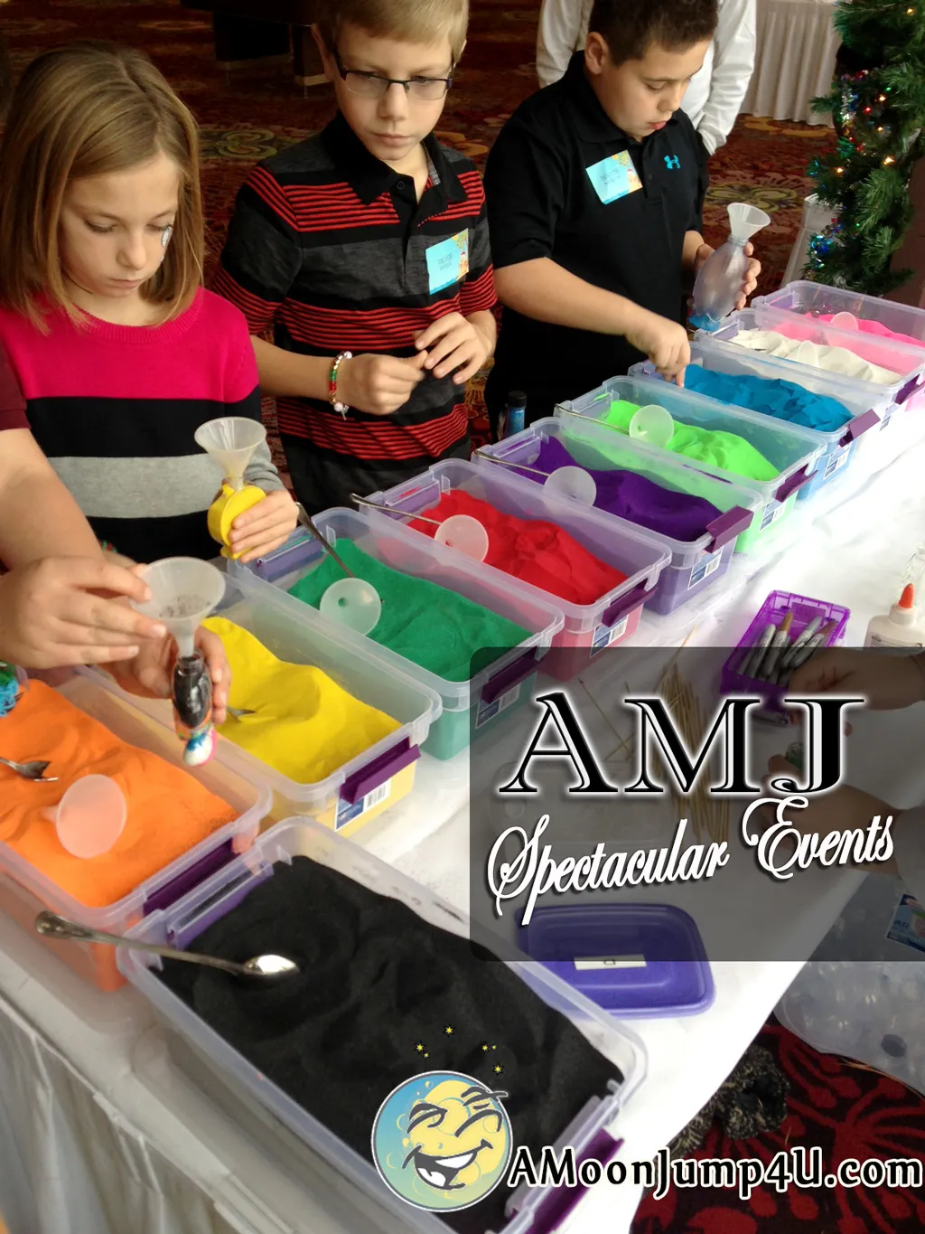 Sand Art activity station with 10 colors of sand and keepsake bottles at a Chicago event