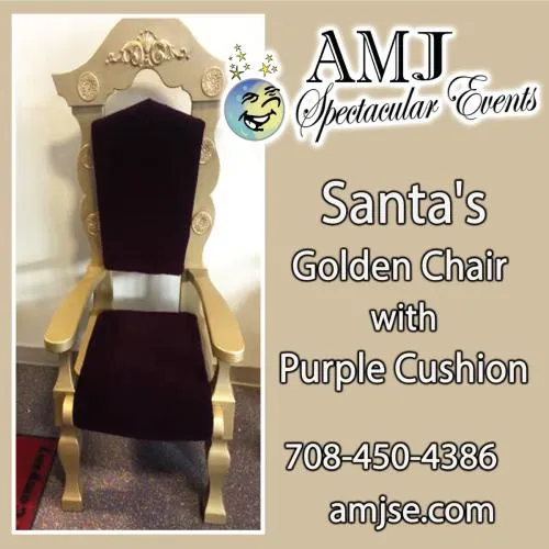 Gold and purple Santa throne chair for holiday events and photos in Chicago