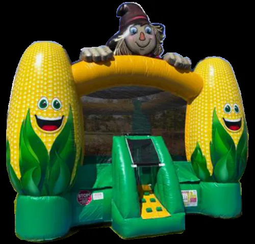 Scarecrow Corn Bouncer inflatable rental with fall harvest digital print for Chicago pumpkin patches and events