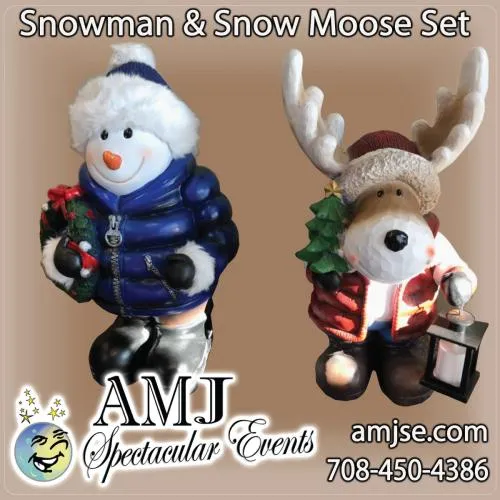 Snowman in blue coat with wreath and candy cane beside a snow moose in red coat with lantern, both in Santa hats.