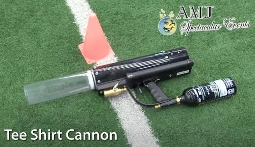 AMJ Spectacular Events T-shirt cannon launcher firing shirts up to 150 feet into a crowd at a Chicago event.