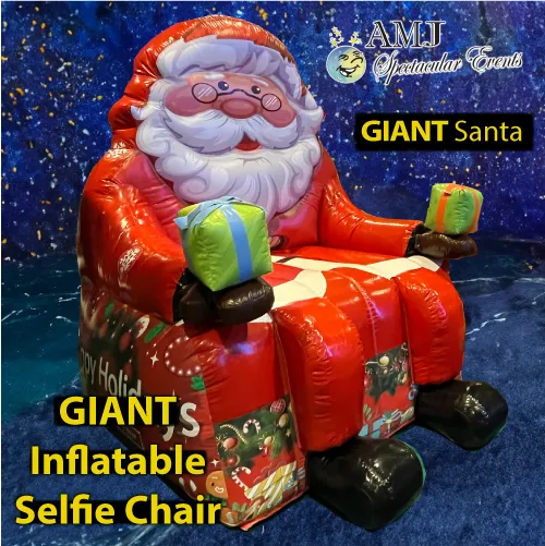 Giant inflatable Santa selfie chair holiday photo backdrop rental from AMJ Spectacular Events in Chicago
