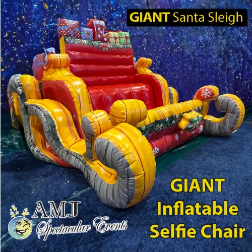 Giant inflatable Santa sleigh selfie chair holiday photo backdrop rental from AMJ Spectacular Events in Chicago