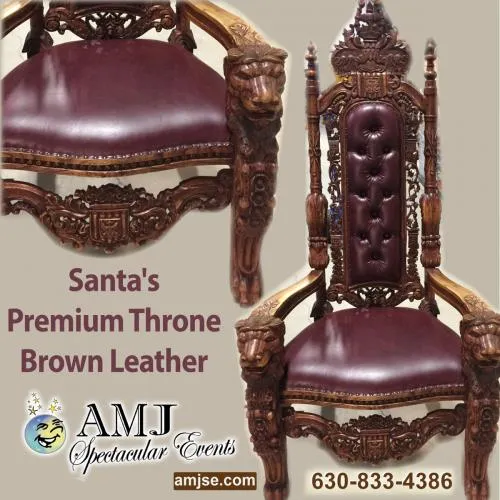 Santa's Premium Brown Leather Throne, a tall wooden and brown leather holiday chair for photos and parties