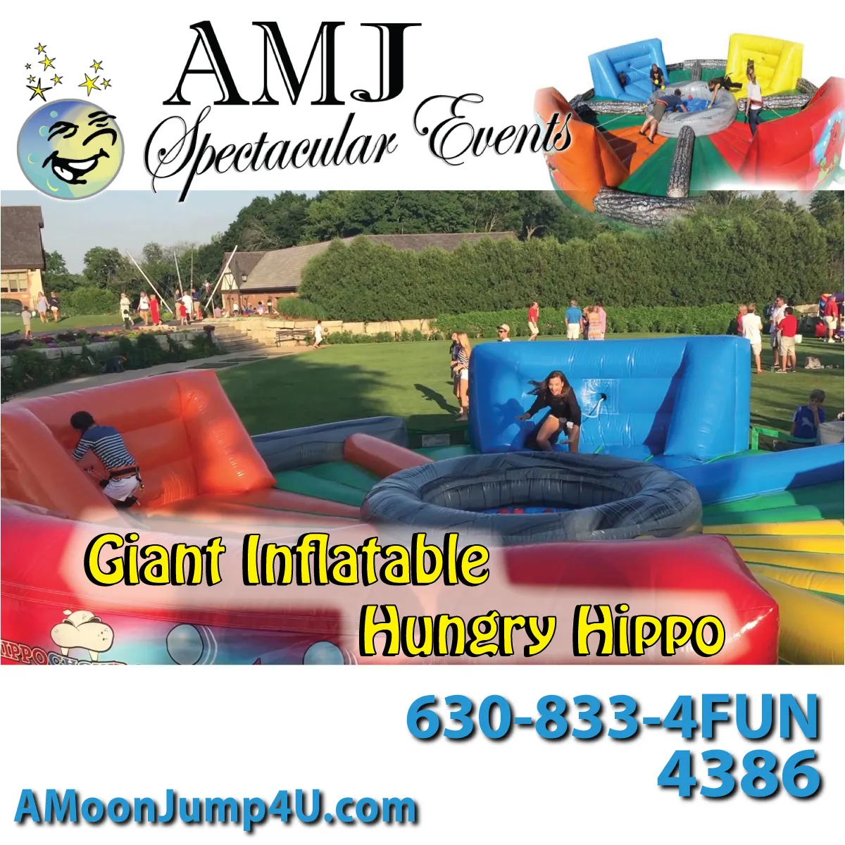 Giant inflatable Hungry Hippo game rental with harnessed players grabbing balls at a Chicago event
