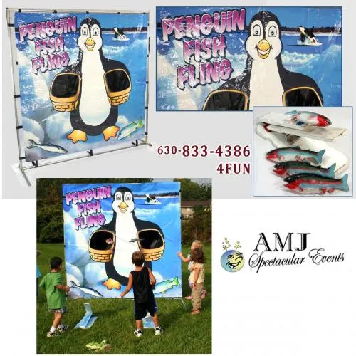 Penguin Fish Fling winter-themed frame game rental with colorful penguin banner and two catch baskets