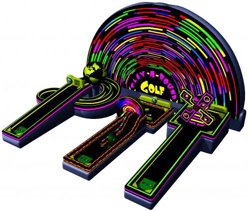 Glow 3 Hole Mini Golf inflatable with black-light reactive Loop-de-Loop, Spiral, and windmill holes