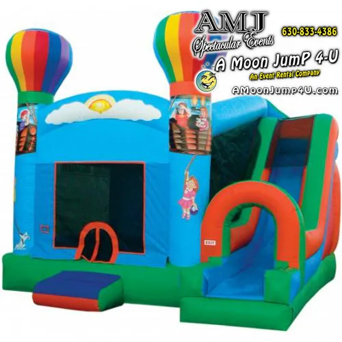 Colorful Hot Air Balloon combo with climbing wall, water slide, and basketball hoop
