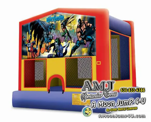 Batman superhero themed bounce house rental with Gotham characters, available from AMJ Spectacular Events in Chicago