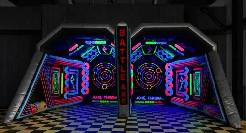 Battle Axe Glow 2 Lane inflatable axe-throwing game with LED glow lighting and red and blue axes