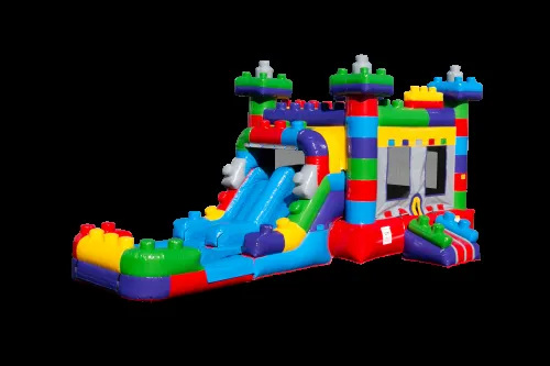 Mega Blocks Combo inflatable with bounce area, basketball hoop, double-lane slide, and mesh sides