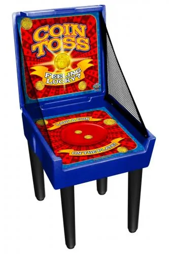 Coin Toss Bin Game rental with red, blue, and gold stand-up tray and center plate target