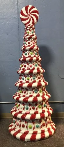 Candy Whimsical Tree rental, 6-foot tree with candy canes, gum drops, and a peppermint starlight top