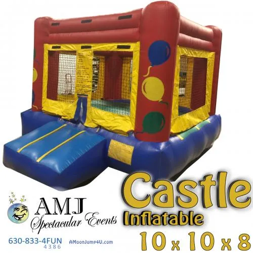 Inflatable open-air castle kiddie bounce house rental with colorful corner balloons and mesh sides