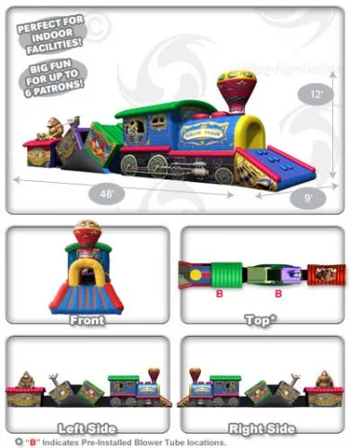 Colorful inflatable Circus Train with digitally printed graphics for kids to crawl through and play inside
