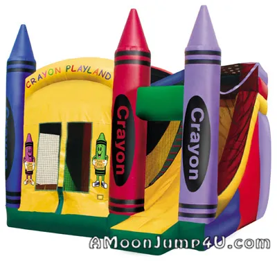 Colorful Crayon Combo bounce house rental with slide, climbing wall, and basketball hoop in Chicago