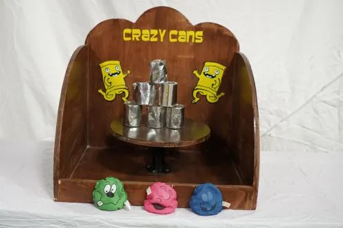 Crazy Cans carnival bean bag toss game rental with stacked cans from AMJ Spectacular Events in Chicago