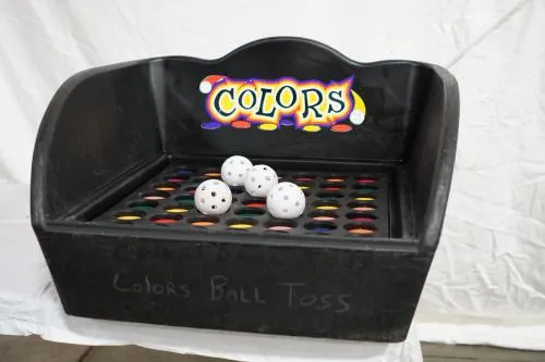 Colors Game carnival ball toss with tub for tossing balls to match three colors, available for rent in Chicago