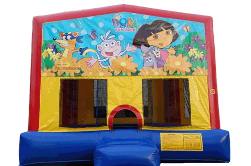 Dora the Explorer themed inflatable bounce house rental with colorful characters for kids' parties in Chicago