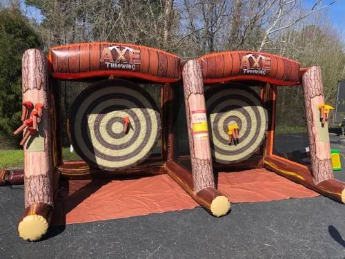 Double lane inflatable axe throwing game with velcro axes and bullseye targets for Chicago events