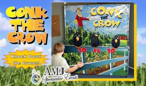 Colorful 7'x7' Conk The Crow beanbag toss frame game with crows on a farmer's fence, available for rent in Chicago