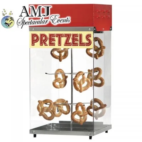 Pretzel warmer display cabinet holding warm soft pretzels for rent at Chicago events from AMJ Spectacular Events