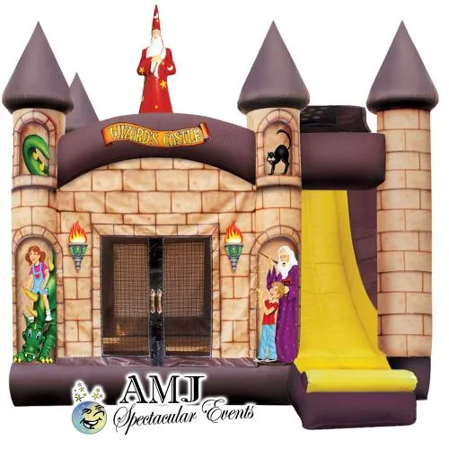 Wizards Castle Combo inflatable bounce house with slide, climbing wall, and basketball hoop for Chicago parties