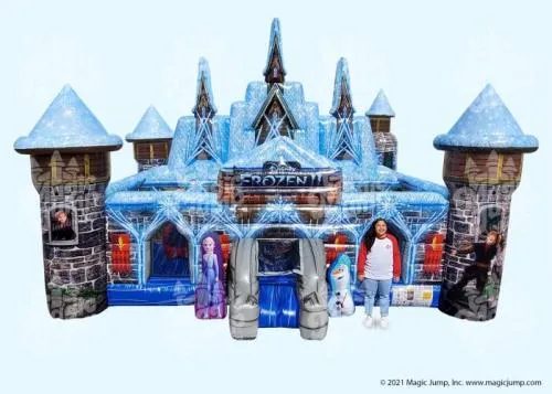 Disney Frozen Playground Combo inflatable with castle entrance, slide, climber, and Elsa, Anna, and Olaf artwork