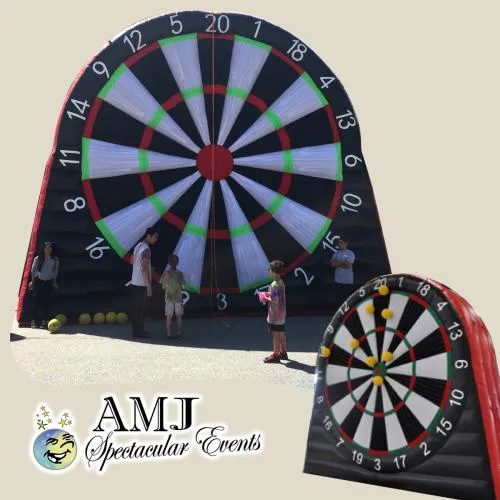 Giant Inflatable Soccer Dart Board rental with velcro ball for soccer, football, and baseball games