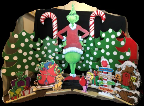 Grinchmas holiday scene rental with the Grinch, Cindy Lou Who, Max the dog, and fake snow for Chicago parties