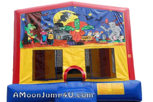 Halloween (M) themed bounce house rental with Frankenstein, Dracula, witches and bats for fall events