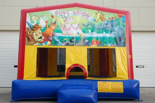 Happy Birthday (M) bounce house with festive banner for kids' birthday party rentals in Chicago