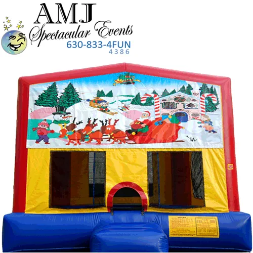 Christmas Fun bounce house with Frosty, Gingerbread Man, Santa and elves for holiday events in Chicago