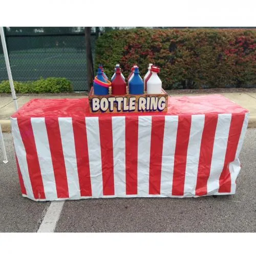 Red and white striped carnival table cloth cover sized 6'x30" fitting a 6-foot event table