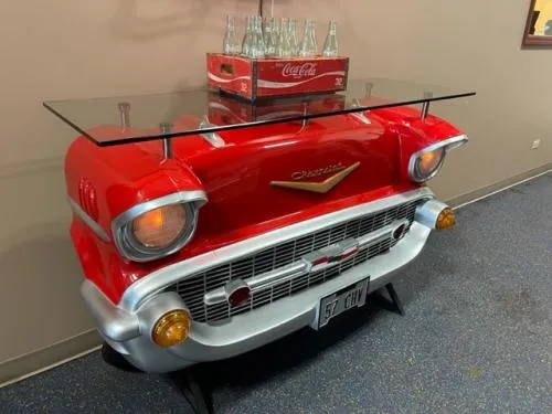 1957 Chevy bar and DJ facade rental with illuminated retro styling for 1950s-themed Chicago events