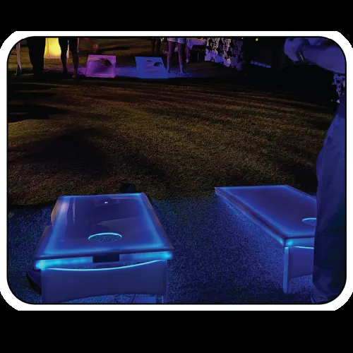 Glowing LED acrylic corn hole bean bag toss game for events in Chicago