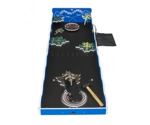 Leaping Lizards carnival game with adjustable arm, mallet, and log-and-leaves landing target