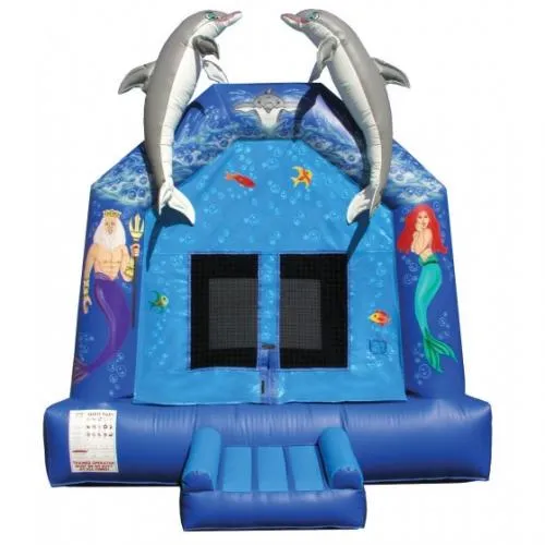 Little Mermaid aquatic-themed bounce house with two giant dolphins for kids' party rentals in Chicago