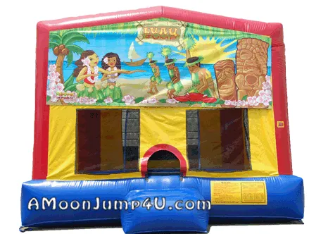 Luau tropical Hawaiian-themed bounce house with hula dancers, tikis, and ocean waves for kids
