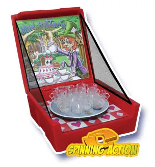 Mad Hatters Tea Party ping pong ball toss carnival game rental with spinning silver platter and tea cups