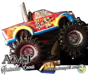 Mayhem Monster Truck Combo inflatable with bounce area, climbing ladder, and slide shaped like a monster truck