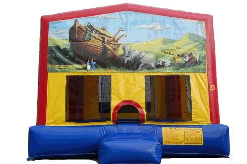 Noah's Ark themed inflatable bounce house rental with colorful animals for kids' parties in Chicago